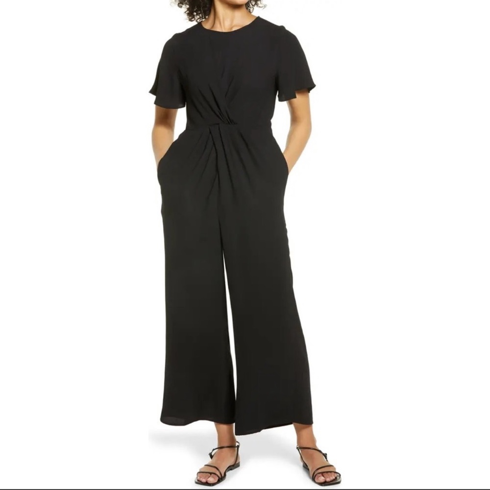Halogen Twist Front Wide Leg Jumpsuit Short Flutter Sleeve Black